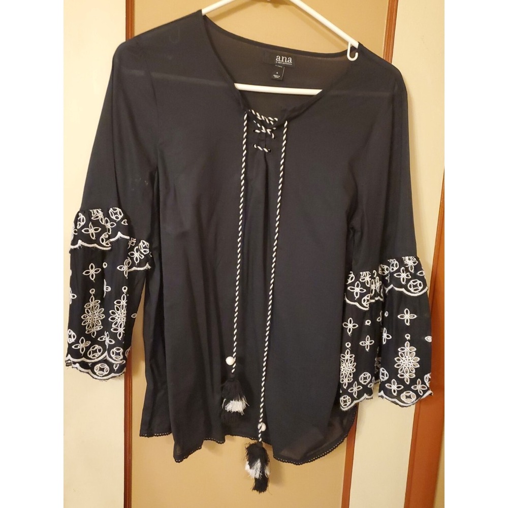 A.N.A Size S  Cotton Semi Sheer Sleeves Hi/Lo Black Embroidered Top